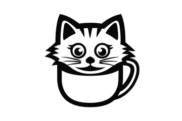 Cute Cat Silhouette in Coffee Cup Design with Stripes and White Background