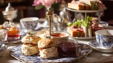 Elegant Afternoon Tea: Scones, Sandwiches, and Floral Accents
