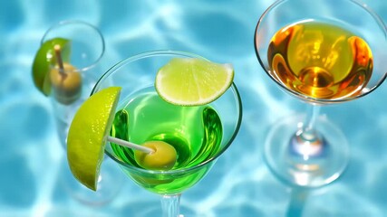 Colorful cocktails in martini glasses with vibrant lime slices and olives - Powered by Adobe