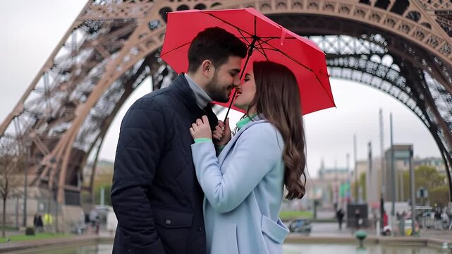 Romantic Couple Kissing Under Red Umbrella in Front of Eiffel Tower with Blurred Background in Paris