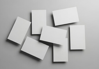 Blank white business cards scattered on a gray background top view