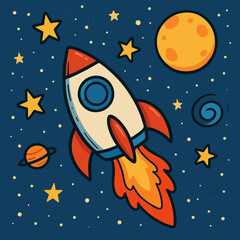 Colorful Illustration of a Rocket Flying in Space with Moon and Stars
