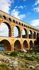 Fototapeta premium Ancient stone arch bridge under a partly cloudy sky
