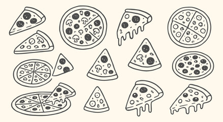 Set of hand drawn pizza illustrations vector. Black and white doodle style pizza slices and whole pies for restaurant menus, food delivery, and packaging.