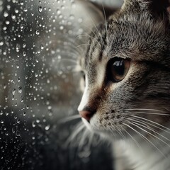 A curious tabby cat looks out a window covered in rain droplets, lost in thought.