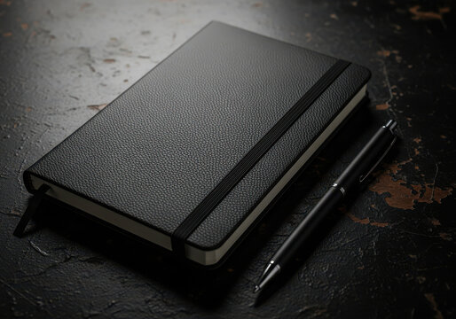 Closed black notebook with a pen resting beside it on a dark textured surface
