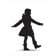 Young Girl Silhouette in Winter Jacket and Boots Standing with Arms Outstretched – Vector Illustration