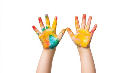 Joyful toddler girl playing with colorful paint in studio