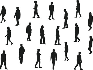 Silhouettes of people walking in various directions, different poses, human movement study, crowd scene, lifestyle concept, posture variety, urban illustration, design element