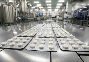 Fototapeta premium Pharmaceutical Production Rows of Blister Packs with White Tablets on a Stainless Steel Conveyor Belt in a Factory