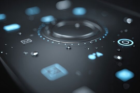 Close-up of a futuristic control panel with illuminated buttons and a central dial. Water droplets are visible on the surface