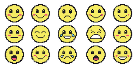 Large set of 8-bit pixel art emoji icons vector. Cute retro video game style smiley faces with various emotions for chat, stickers, and game UI assets.