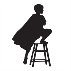 Silhouette of a Child in Superhero Cape Standing on Chair – Vector Illustration