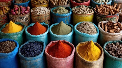 Fototapeta premium Marketplace Africa: Moroccan Selection of Spices in Vibrant Medina
