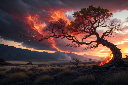 Ancient Twisted Tree on Fire at Sunset with Dramatic Fiery Clouds burning