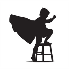 Little Hero Standing on Chair in Cape Silhouette Style – Vector Illustration