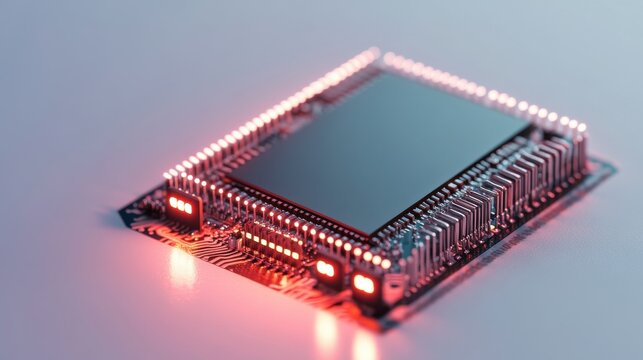 Illuminated circuit board on flat surface in studio setting
