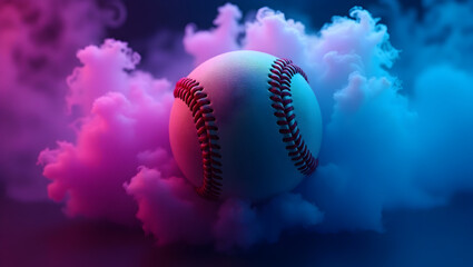 Baseball Floating Amidst Swirling Pink and Blue Smoke with Dynamic Lighting sport game