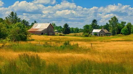 Obraz premium Michigan Farm. Beautiful Summer Landscape of Farmstead in Grassy Meadow