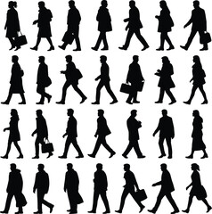 Silhouettes of people walking in various postures, carrying bags and briefcases, commuting scene, urban lifestyle, business professionals, daily movement, city life