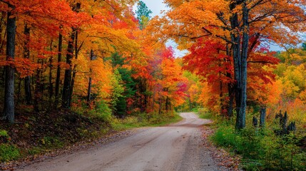 Michigan Rural. Colorful Autumn Trees at Peak Along Biking Trail in Fall Forest Landscape