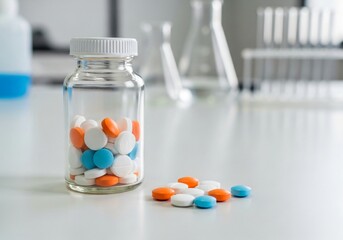 Glass jar of white orange and blue pills some pills spilled on a lab table Laboratory equipment in the background
