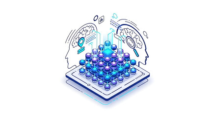 Digital brain analysis with connected nodes and tablet interface for data processing and insights