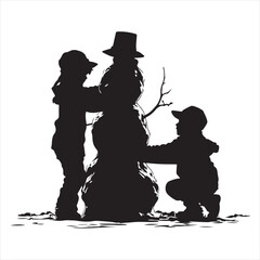 Halloween Silhouette of Two Kids Creating a Snowman - Vector Illustration