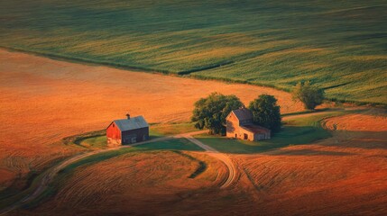 Midwestern Farming: Aerial View of Harvesting Season with Red Barns in Early Morning Light