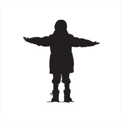 Black Silhouette of a Girl in a Puffer Jacket Standing with Arms Outstretched – Vector Illustration