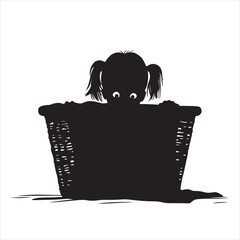 Silhouette of a Child Playing Hide and Seek Behind a Clothes Basket – Vector Illustration