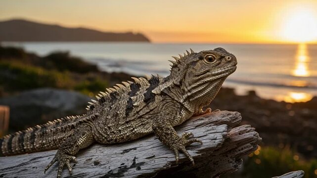 A Tuatara, a unique endemic reptile, rests on driftwood along the coast. Beautiful scenic view of the ocean at sunset.