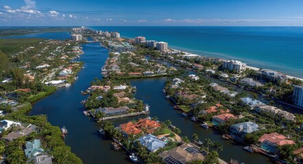 Naklejka premium Naples Florida Homes. Aerial View of City on the Gulf of Mexico with Real Estate Along Canals and Blue Water, Captured by Drone