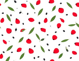 Red petals, green leaves, and dark seeds on a white background.  A repeating pattern