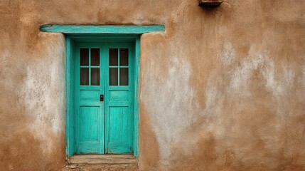 New Mexico Texture. Turquoise Santa Fe Style Window on Adobe Building Background