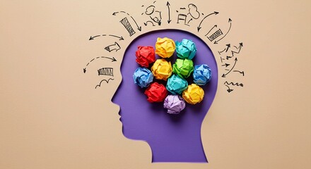 human head with colorful gears, Stress, psychology, brain, mess and overload. Anxiety, crumpled paper inside mind and confusion in head. Mental state, thinks, thoughts, worry, fatigue, chaos, many ide