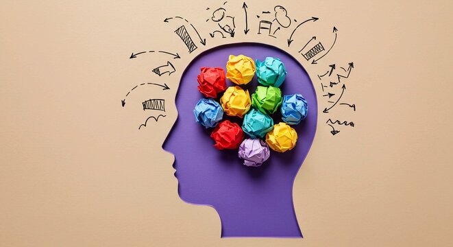 human head with colorful gears, Stress, psychology, brain, mess and overload. Anxiety, crumpled paper inside mind and confusion in head. Mental state, thinks, thoughts, worry, fatigue, chaos, many ide