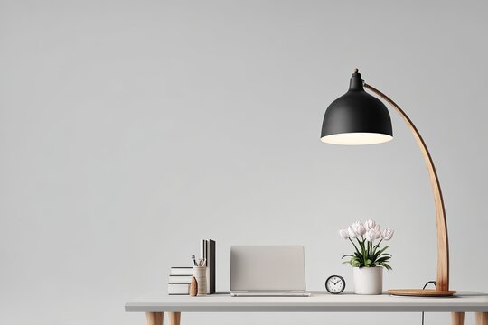Minimalist workspace with lamp and laptop - Powered by Adobe