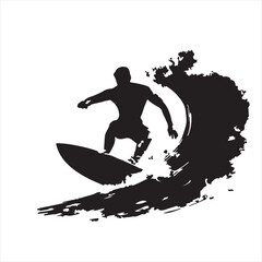 Black Silhouette of Man Surfing Under a Wave – Vector Illustration