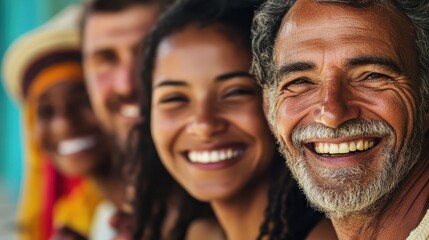 Fototapeta premium Diverse group of four people smiling outdoors during daytime