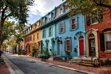 Fototapeta premium Philadelphia Street: Vibrant Row Houses in Center City with Beautiful Blue Sky