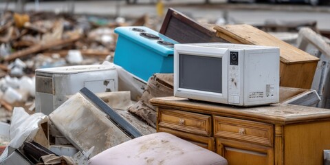 Close-up of worn-out items among a pile of trash: old appliances, damaged furniture, plastic 