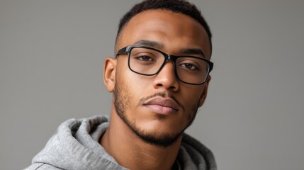 Close-up studio portrait of a young man of African descent with glasses, serious expression, wearing a casual hoodie 