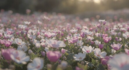 Obraz premium Dreamy Pink and White Flower Field at Golden Hour Stunning Floral Wallpaper
