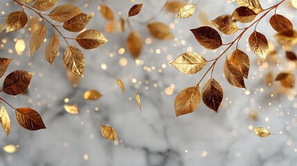 Elegant golden leaves falling on white marble background, sophisticated detailed foliage texture for luxury presentations, premium video backgrounds and brand visual enhancement.
