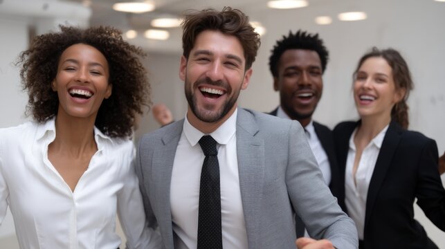 Diverse group of people in elegant suits dancing in a stylish office at a party, all in high spirits 