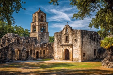 Spanish Missions. Historic Mission Espada in San Antonio, Texas - Sunny Day America Architecture