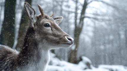Obraz premium Serene deer stands in snowy forest, embodying peaceful spirit of Christmas amidst falling snowflakes