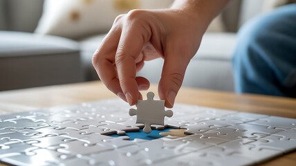 Hand Placing Final Jigsaw Puzzle Piece Completing the Image Representing Solution and Achievement Success Conceptual Metaphor