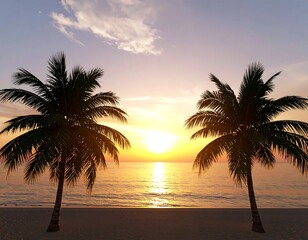 Sunset over tranquil ocean, two palm trees silhouetted on sandy beach
